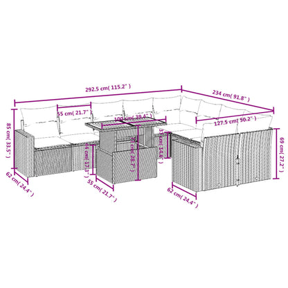 10-delige Loungeset met kussens poly rattan grijs