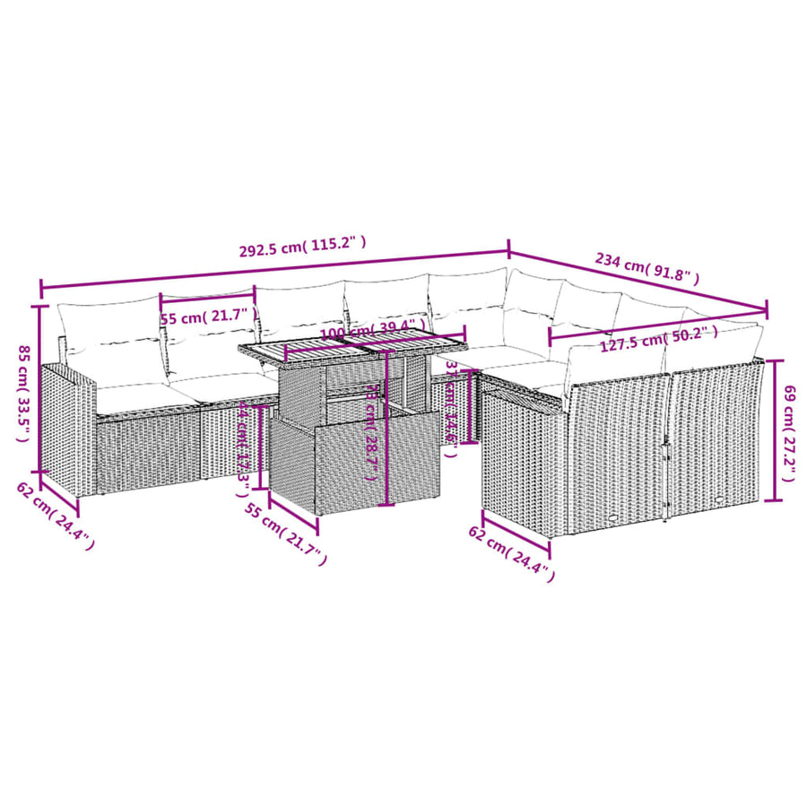 10-delige Loungeset met kussens poly rattan grijs