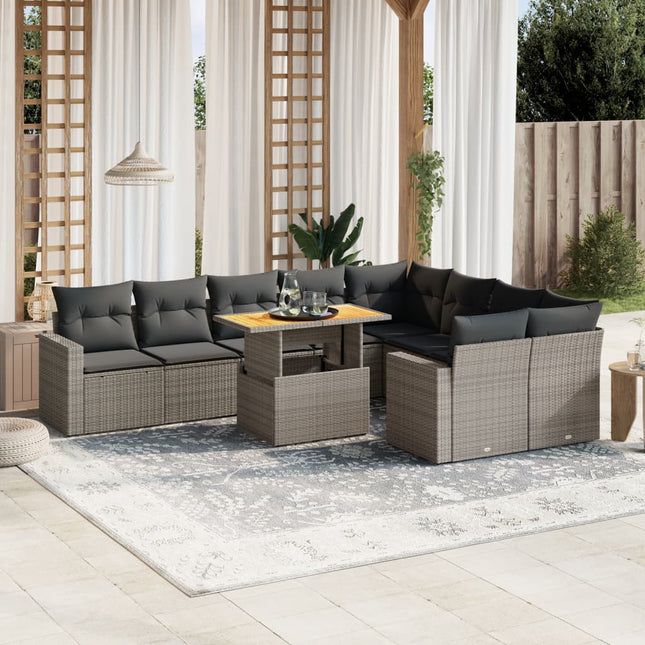 10-delige Loungeset met kussens poly rattan grijs