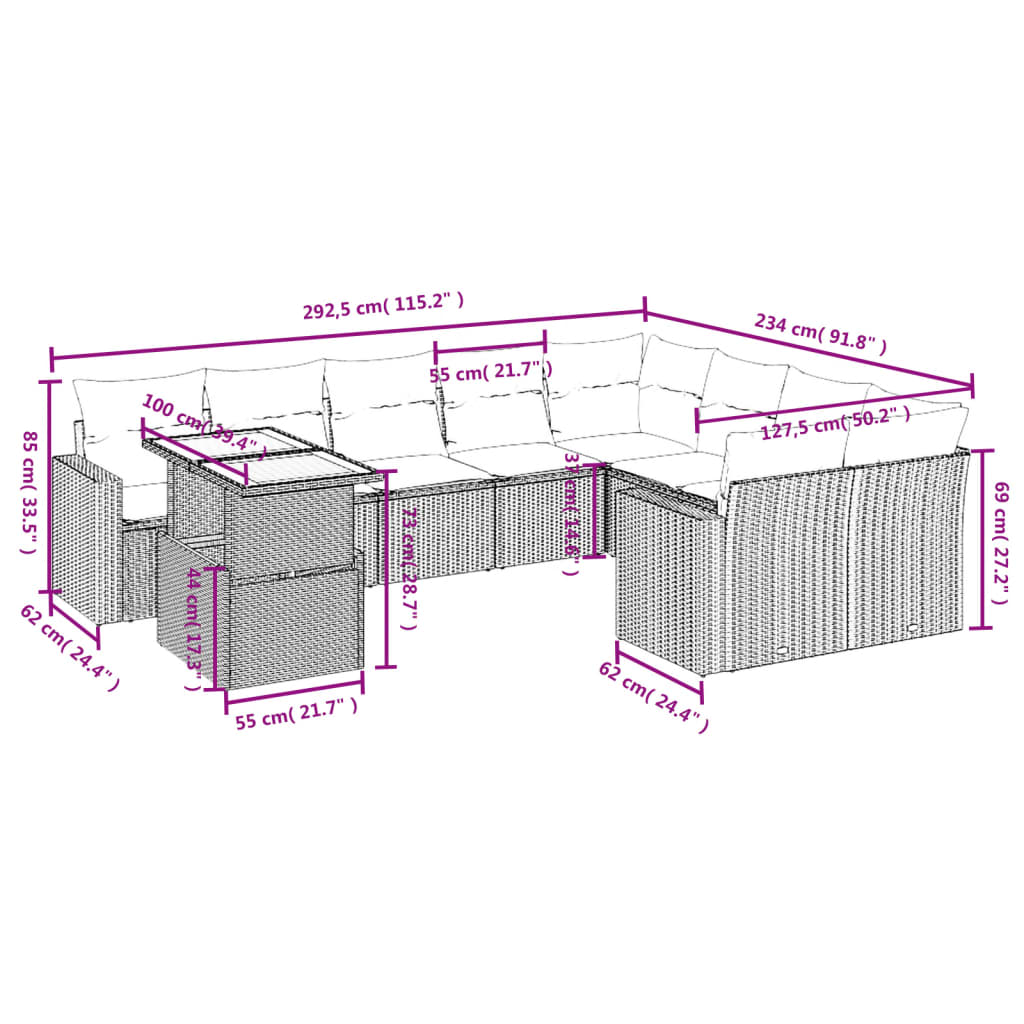 10-delige Loungeset met kussens poly rattan grijs