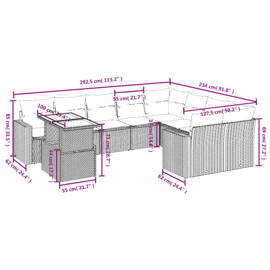 10-delige Loungeset met kussens poly rattan grijs