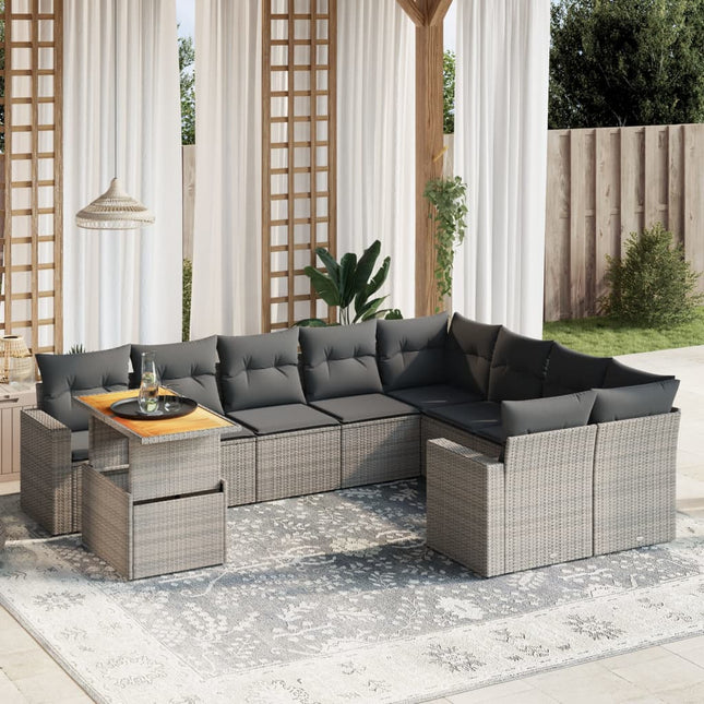 10-delige Loungeset met kussens poly rattan grijs