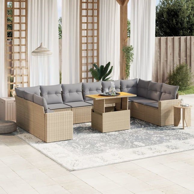 11-delige Tuinset met kussens poly rattan beige