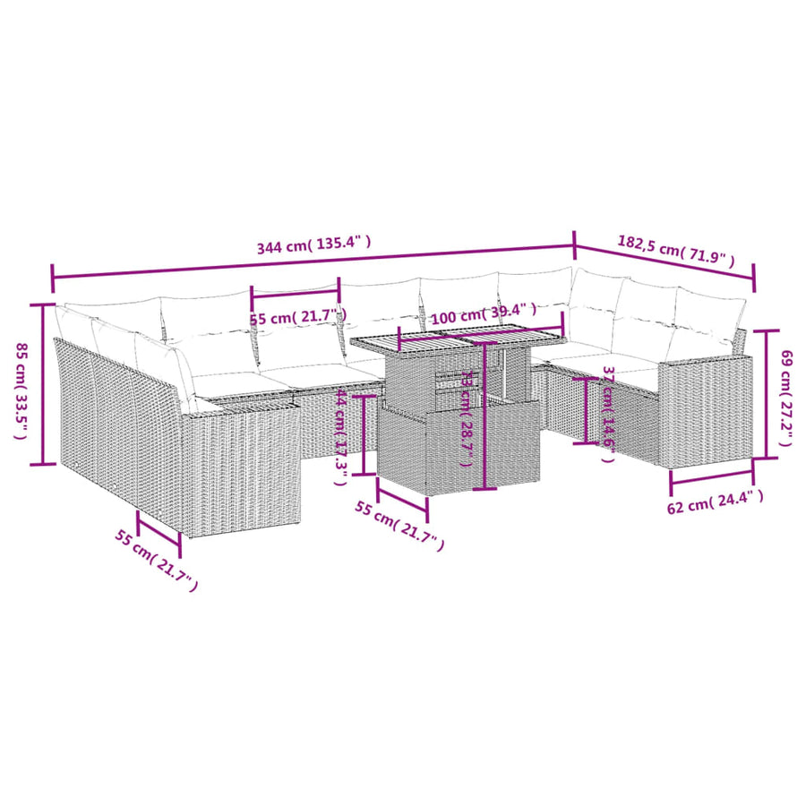 11-delige Loungeset met kussens poly rattan grijs