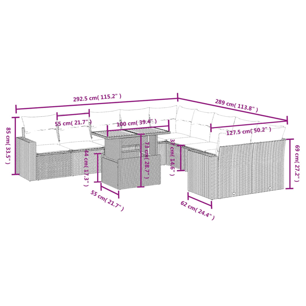 11-delige Loungeset met kussens poly rattan grijs