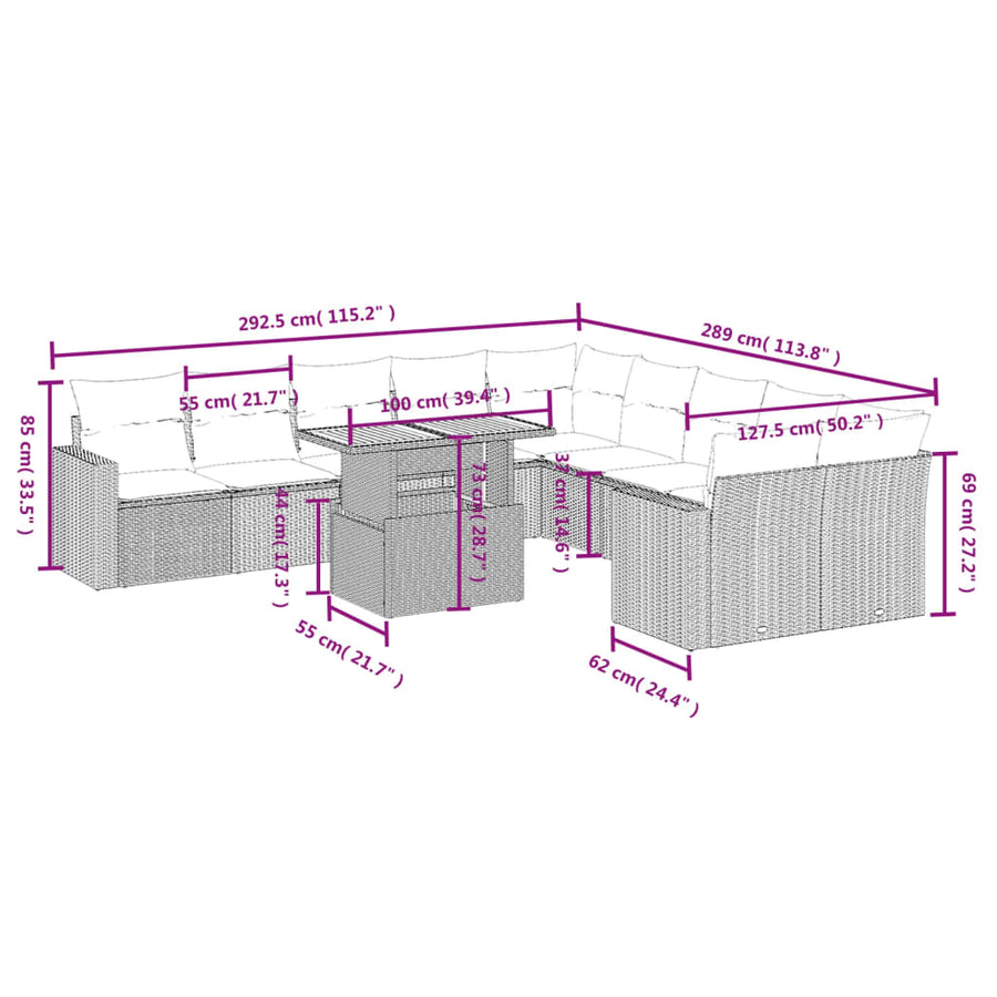 11-delige Loungeset met kussens poly rattan grijs