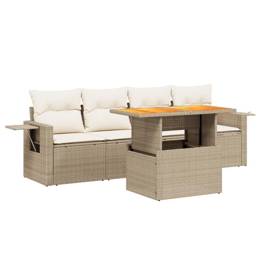 5-delige Loungeset met kussens poly rattan beige