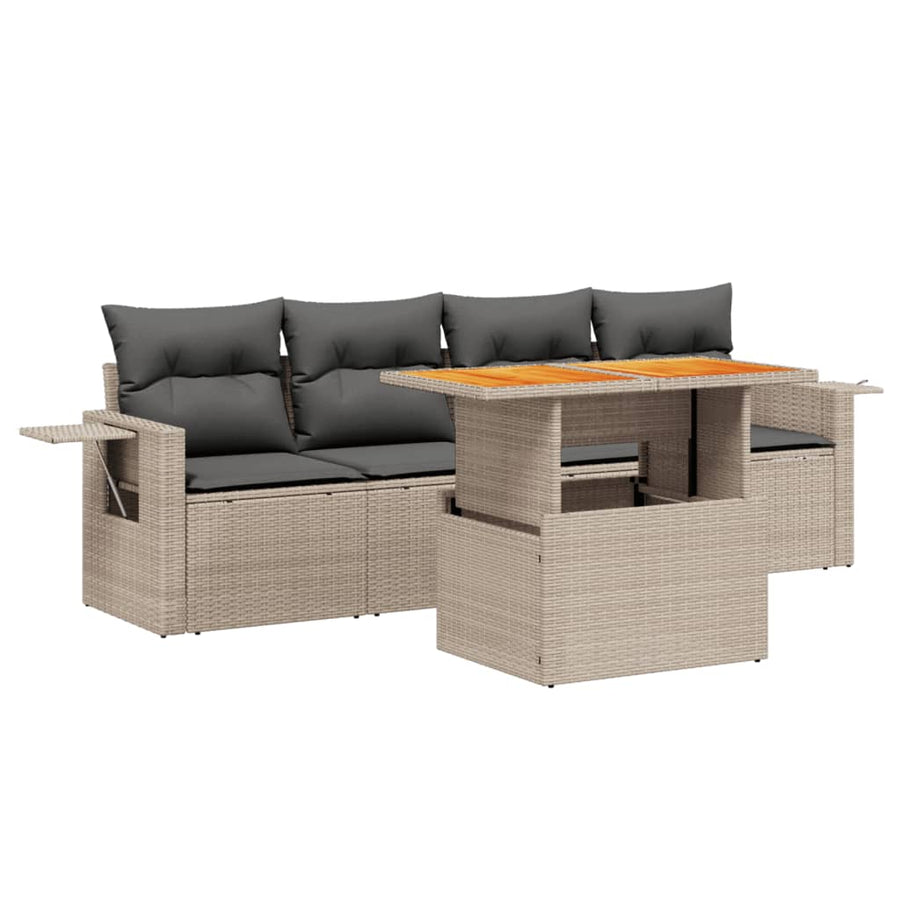 5-delige Loungeset met kussens poly rattan grijs