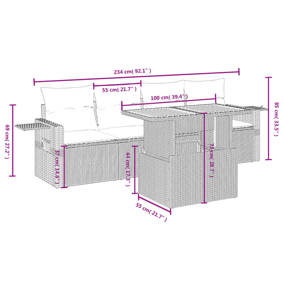 5-delige Loungeset met kussens poly rattan grijs