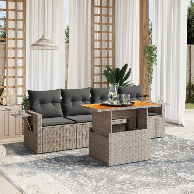 5-delige Loungeset met kussens poly rattan grijs