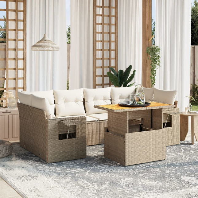 7-delige Loungeset met kussens poly rattan beige