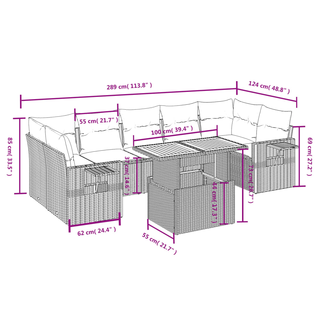 8-delige Loungeset met kussens poly rattan beige