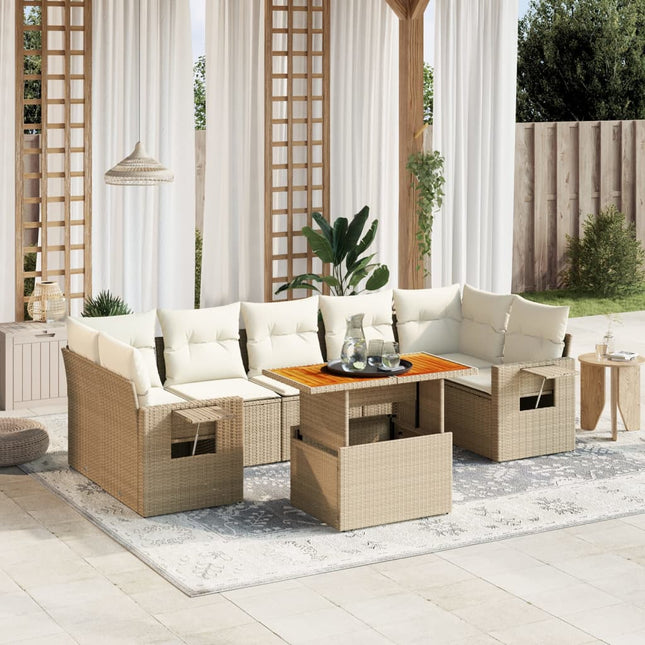 8-delige Loungeset met kussens poly rattan beige