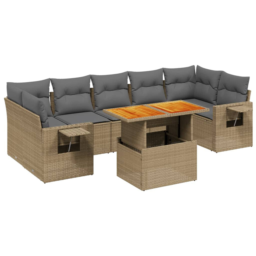 8-delige Loungeset met kussens poly rattan beige
