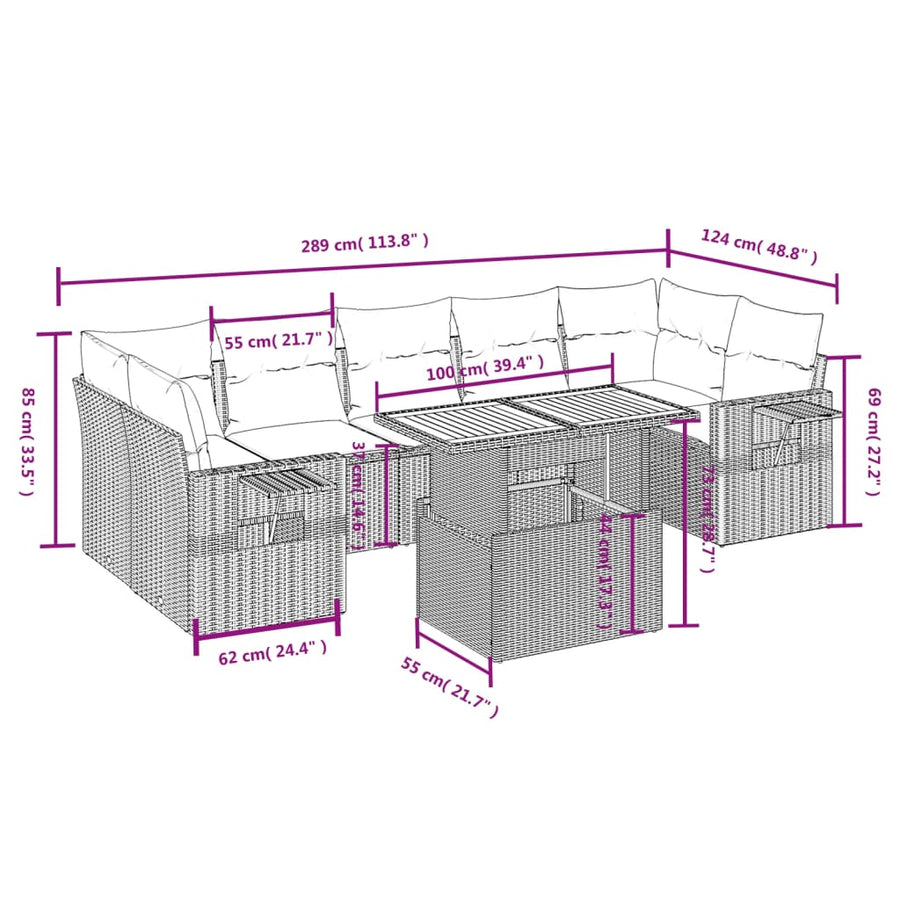 8-delige Loungeset met kussens poly rattan beige