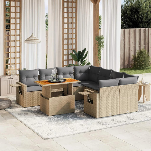 8-delige Loungeset met kussens poly rattan beige