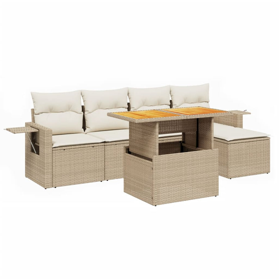 6-delige Loungeset met kussens poly rattan beige