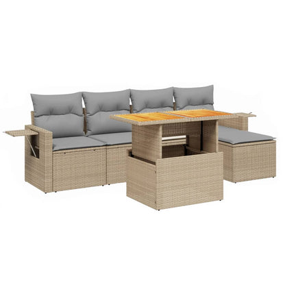 6-delige Loungeset met kussens poly rattan beige