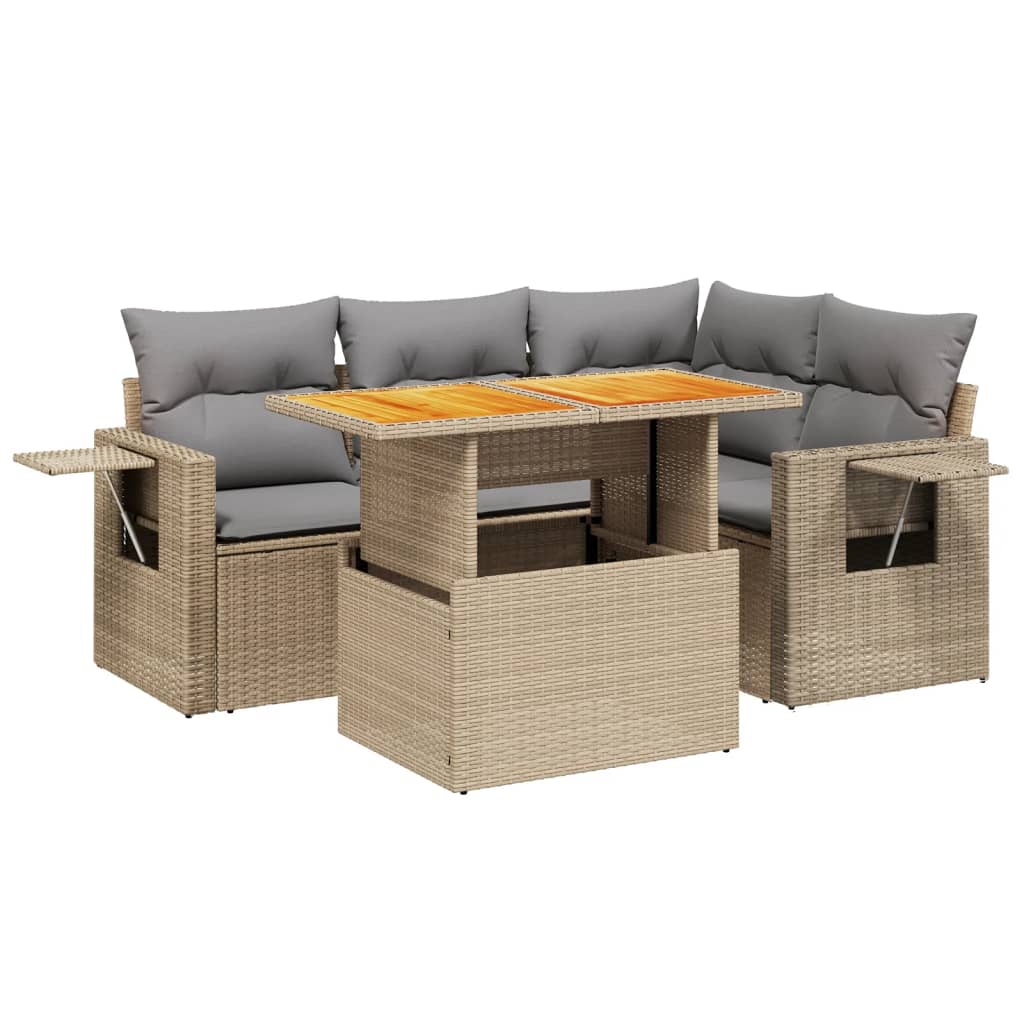 5-delige Loungeset met kussens poly rattan beige