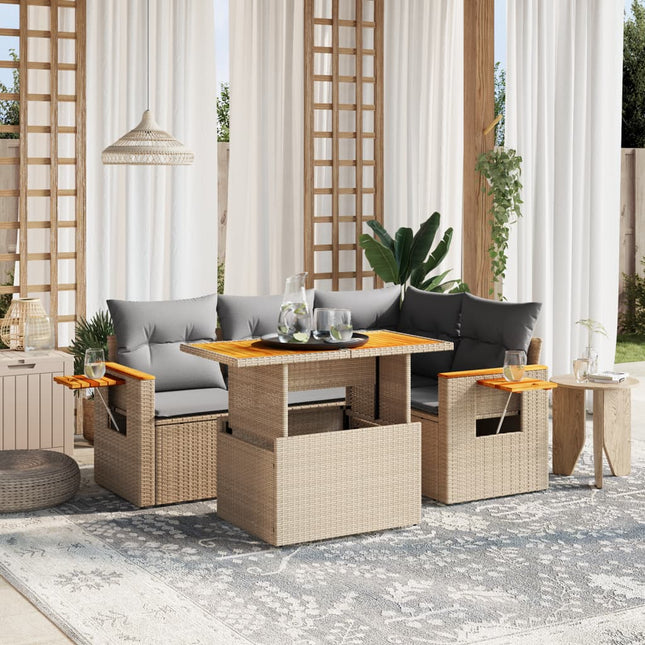 5-delige Loungeset met kussens poly rattan beige