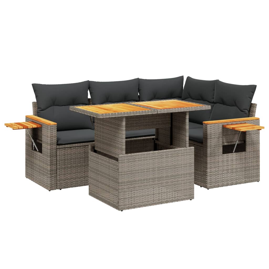 5-delige Loungeset met kussens poly rattan grijs