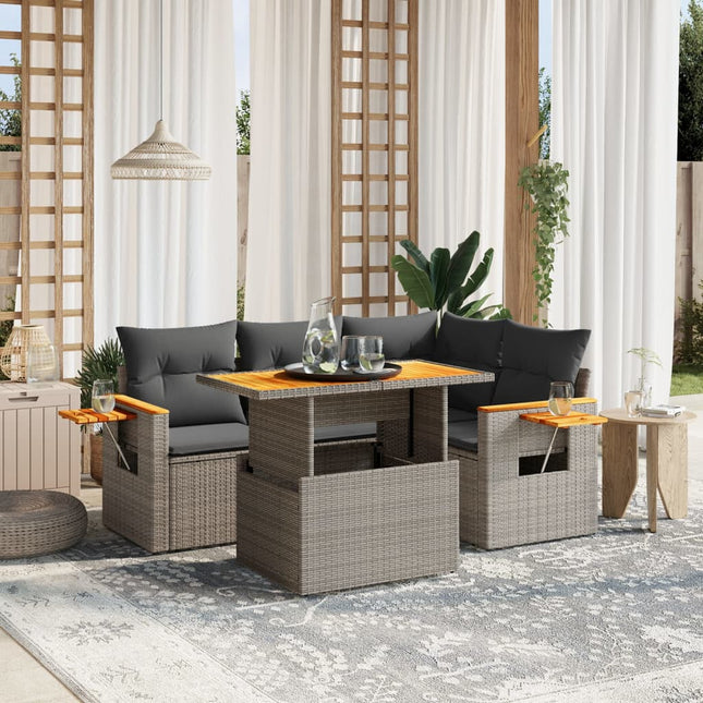 5-delige Loungeset met kussens poly rattan grijs