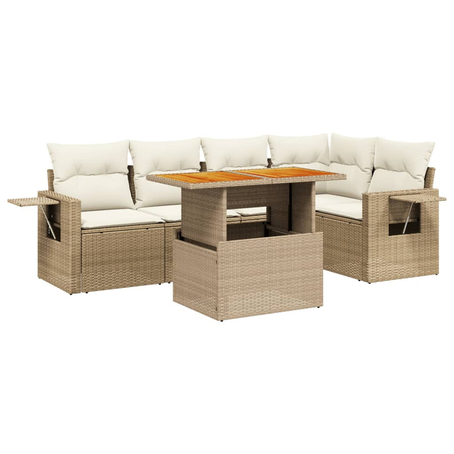 6-delige Loungeset met kussens poly rattan beige