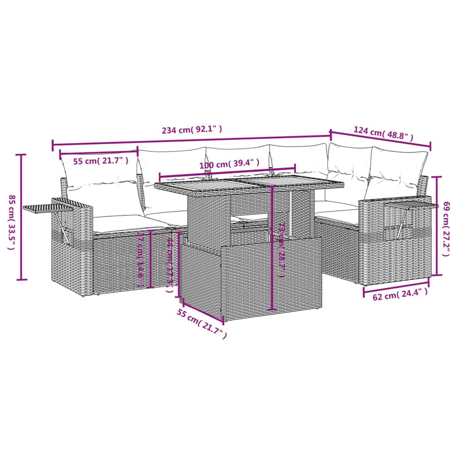 6-delige Loungeset met kussens poly rattan beige