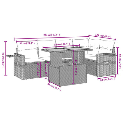 6-delige Loungeset met kussens poly rattan beige