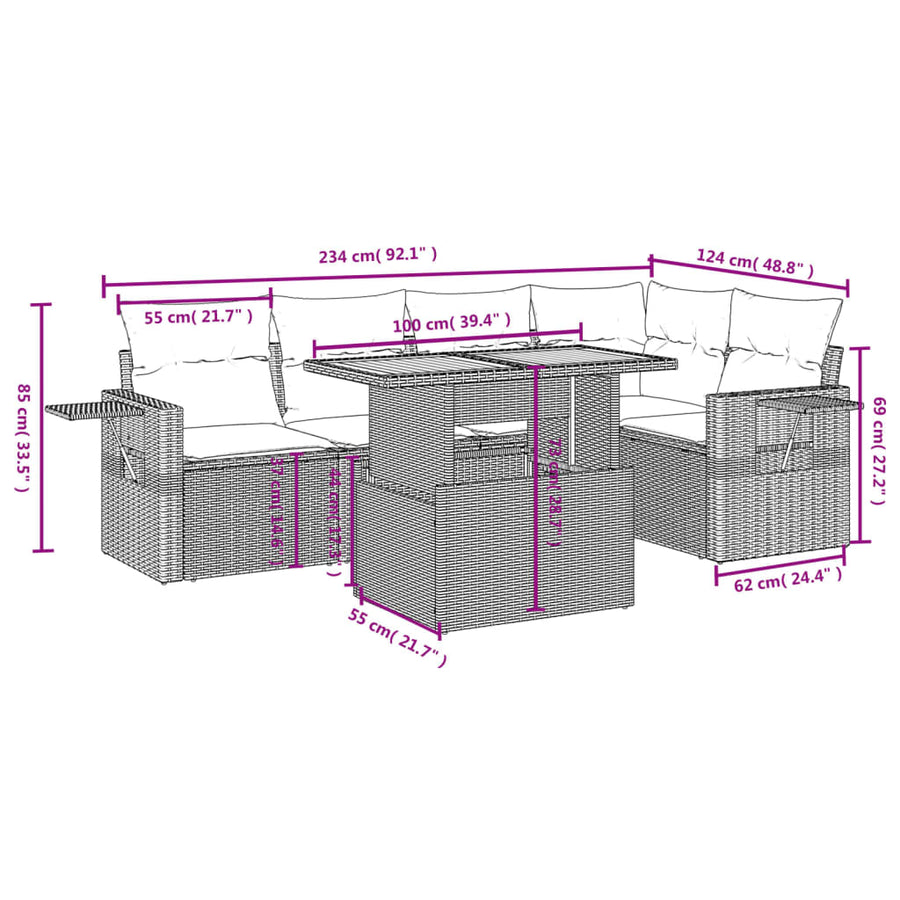 6-delige Loungeset met kussens poly rattan beige