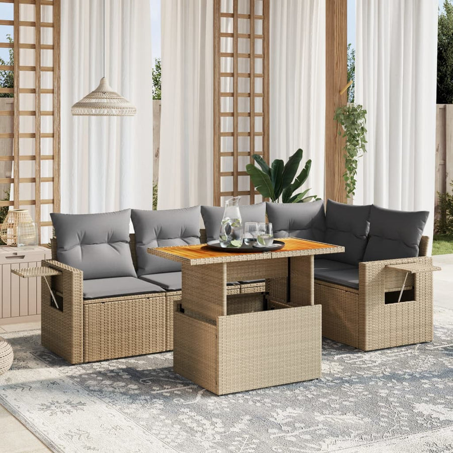 6-delige Loungeset met kussens poly rattan beige