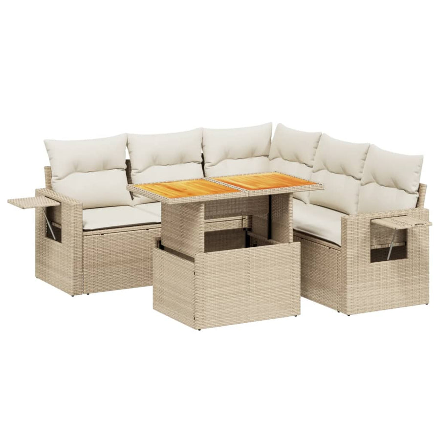 6-delige Loungeset met kussens poly rattan beige
