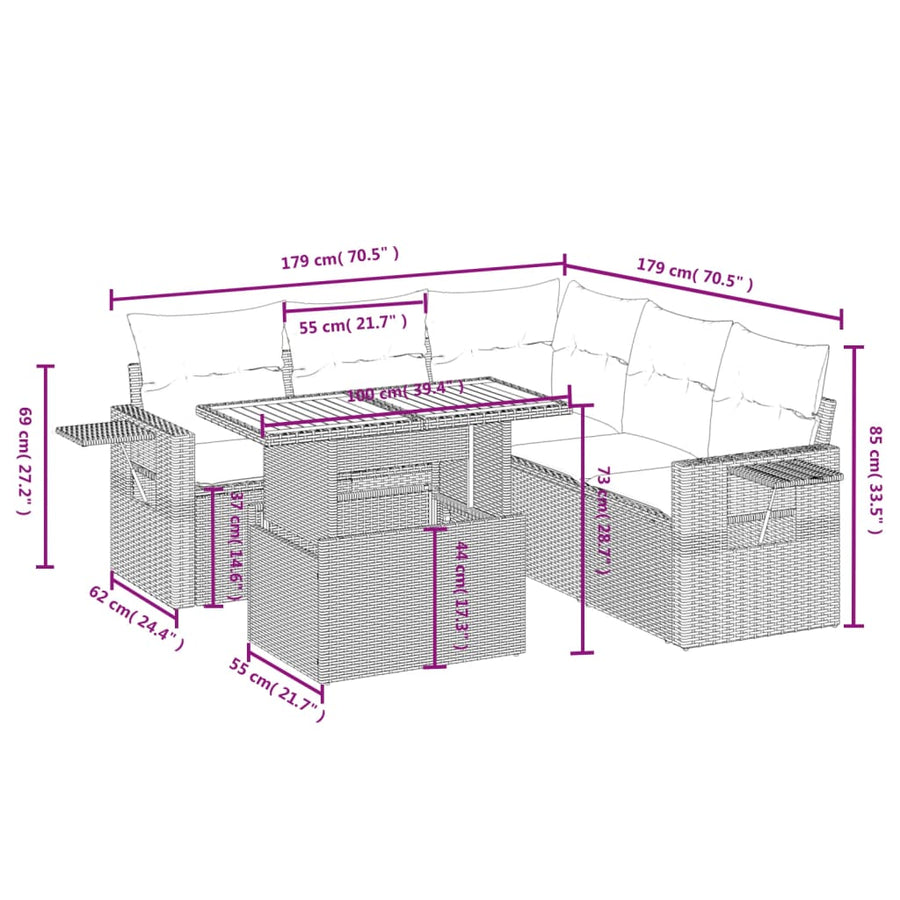 6-delige Loungeset met kussens poly rattan beige
