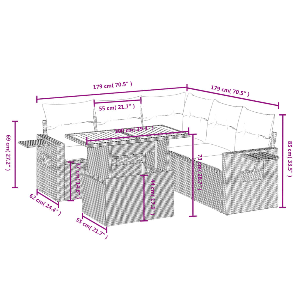 6-delige Loungeset met kussens poly rattan beige