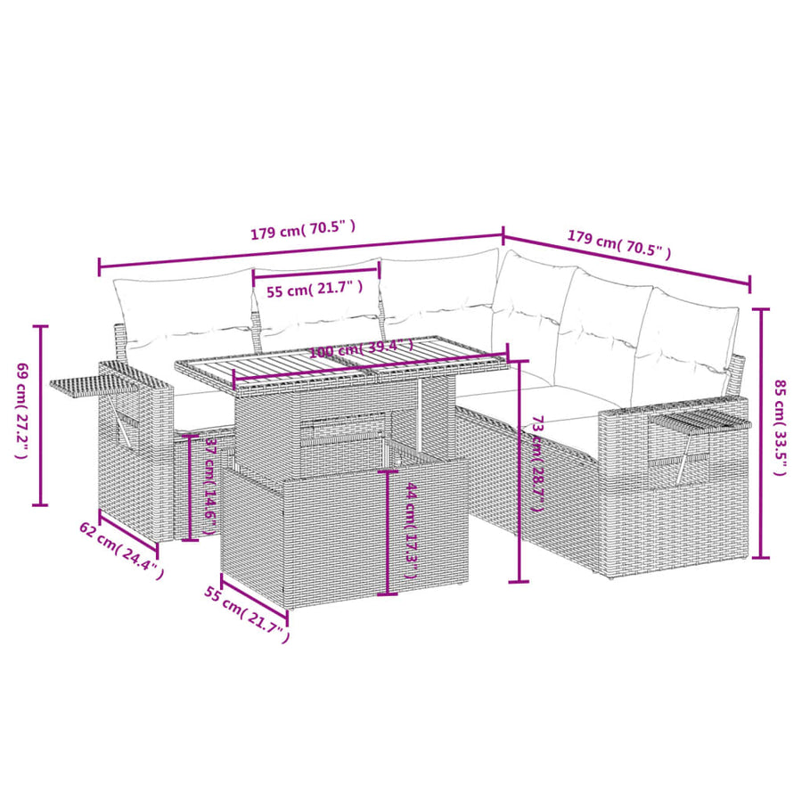 6-delige Loungeset met kussens poly rattan beige