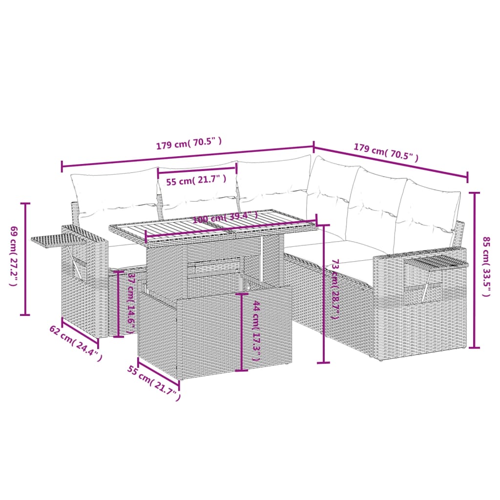 6-delige Loungeset met kussens poly rattan grijs