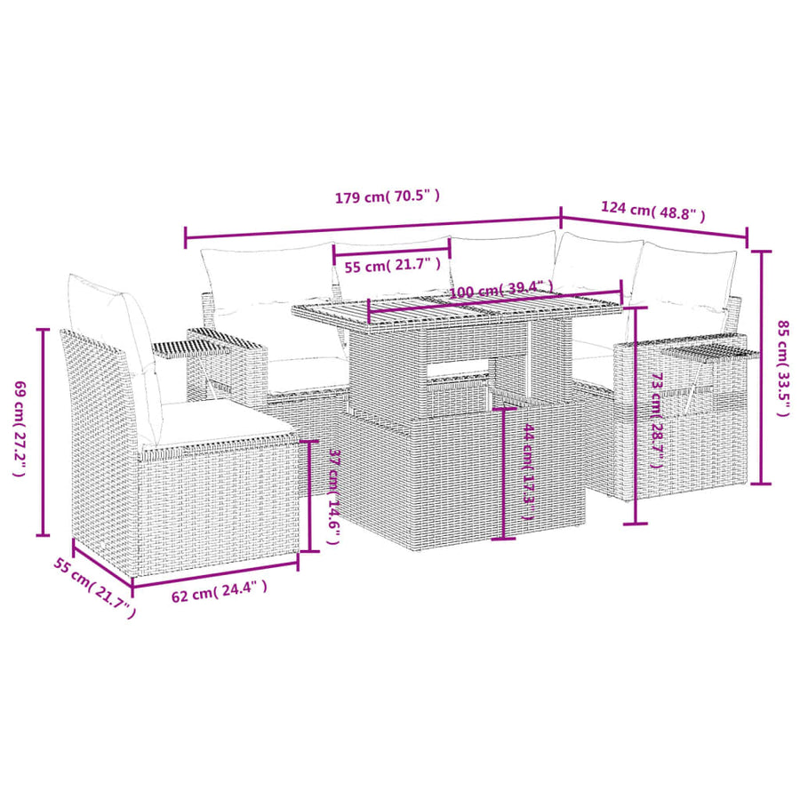 6-delige Loungeset met kussens poly rattan beige