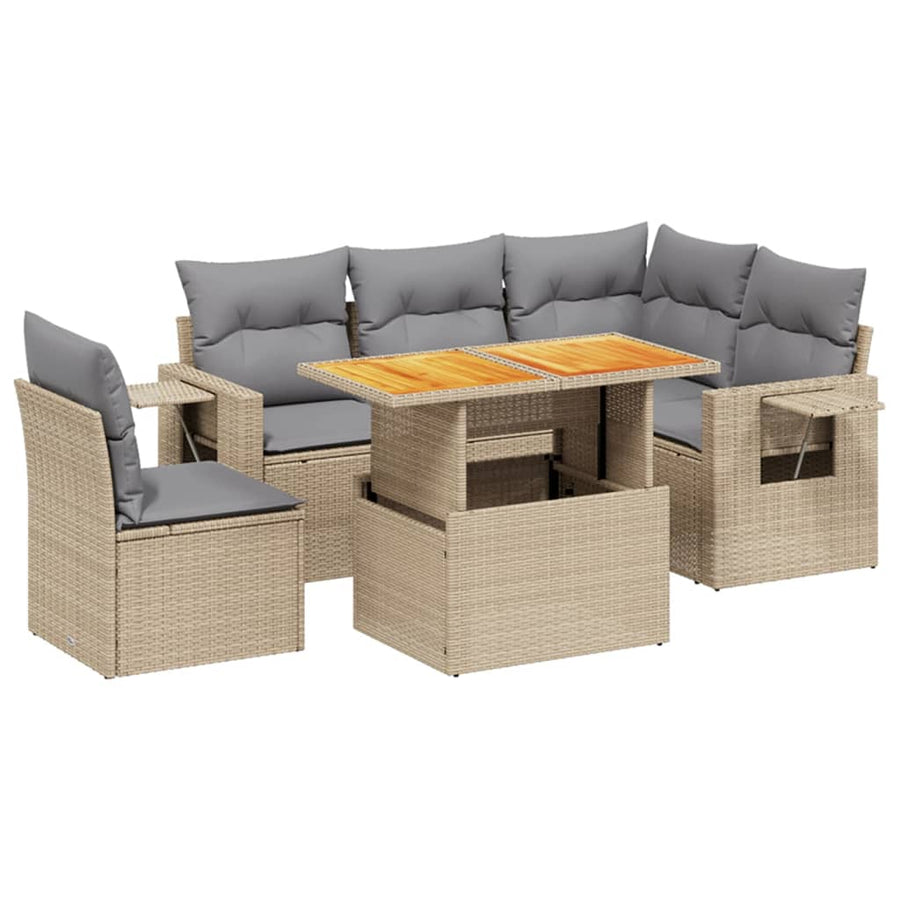 6-delige Loungeset met kussens poly rattan beige