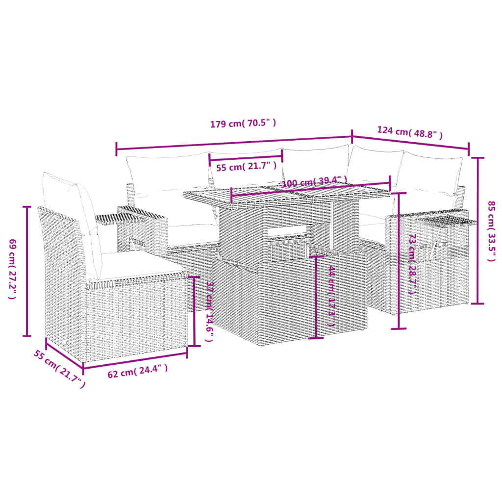 6-delige Loungeset met kussens poly rattan beige