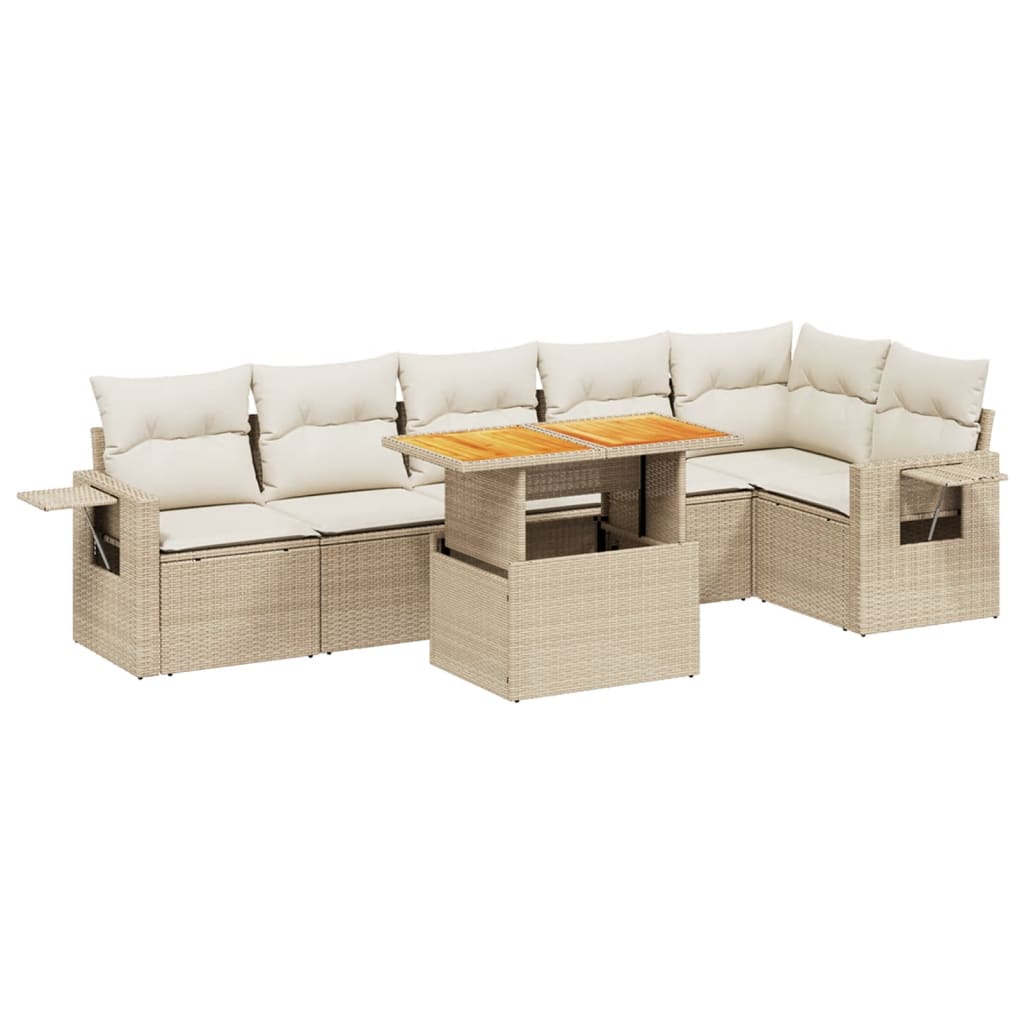 7-delige Loungeset met kussens poly rattan beige