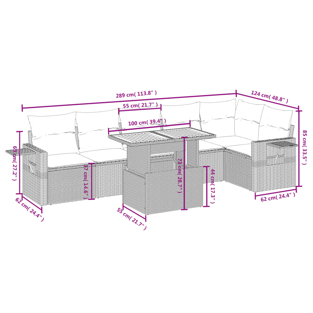 7-delige Loungeset met kussens poly rattan beige