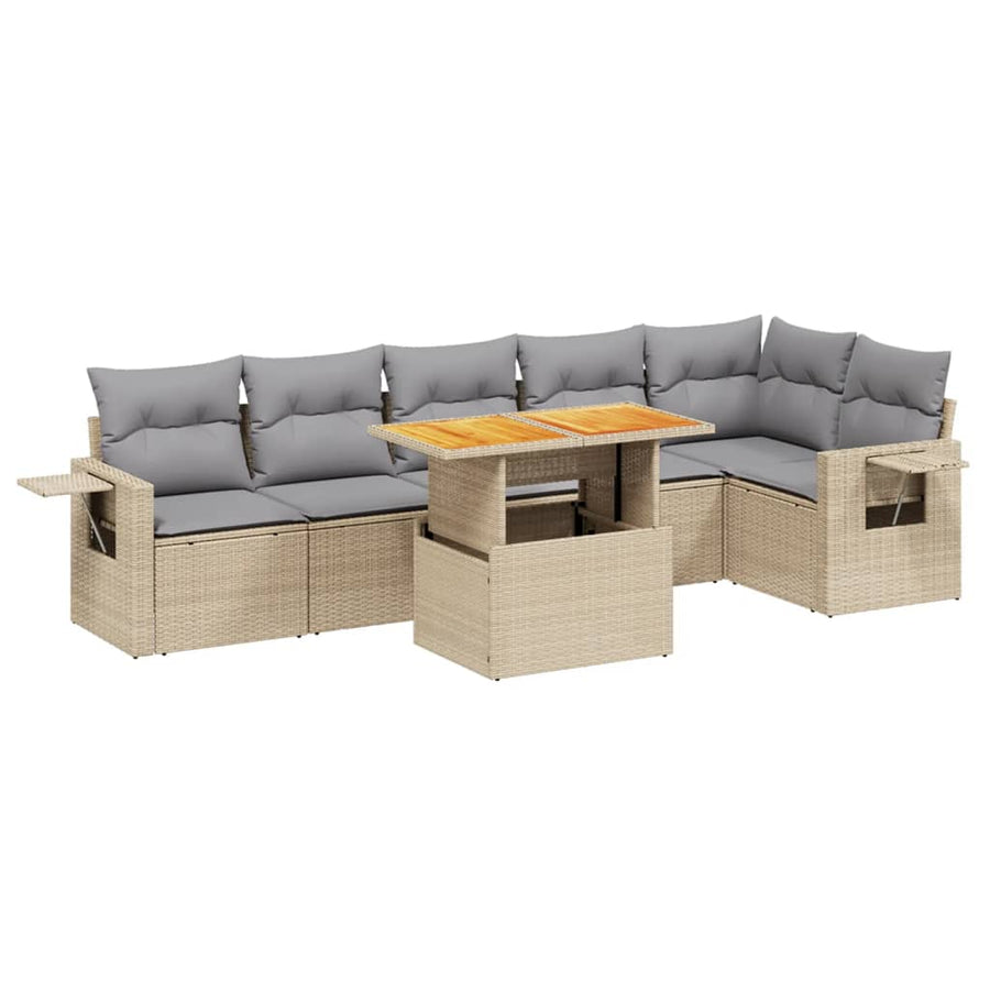 7-delige Loungeset met kussens poly rattan beige