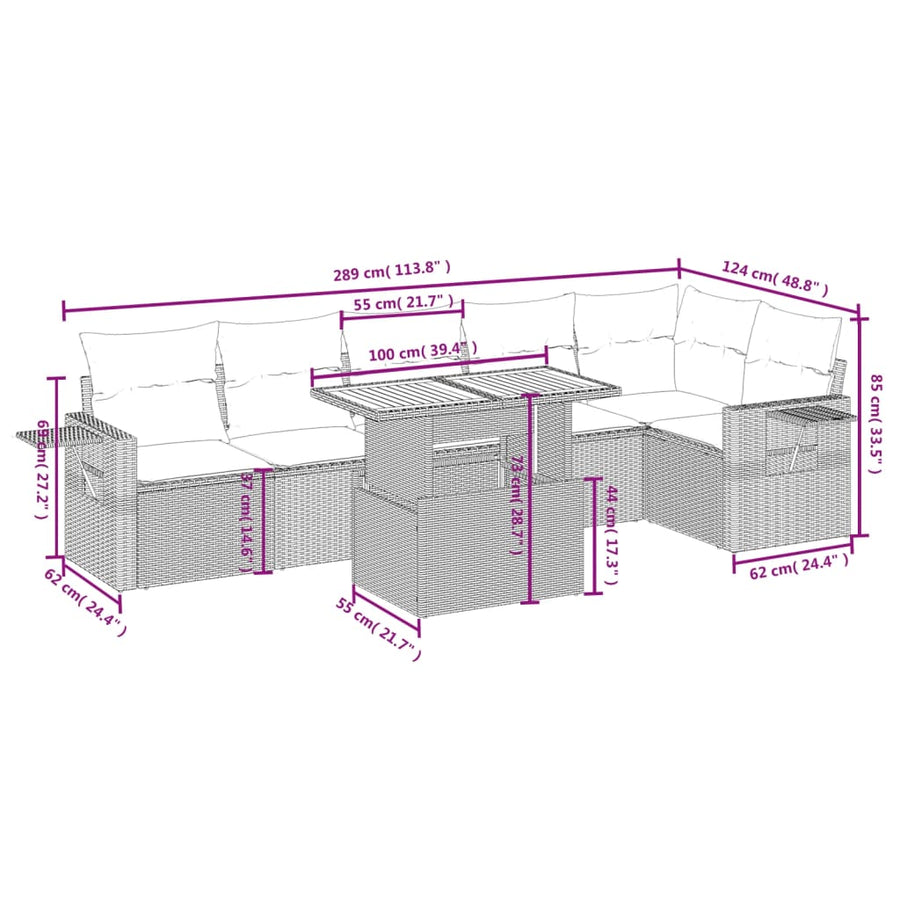 7-delige Loungeset met kussens poly rattan beige