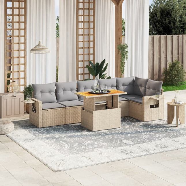 7-delige Loungeset met kussens poly rattan beige