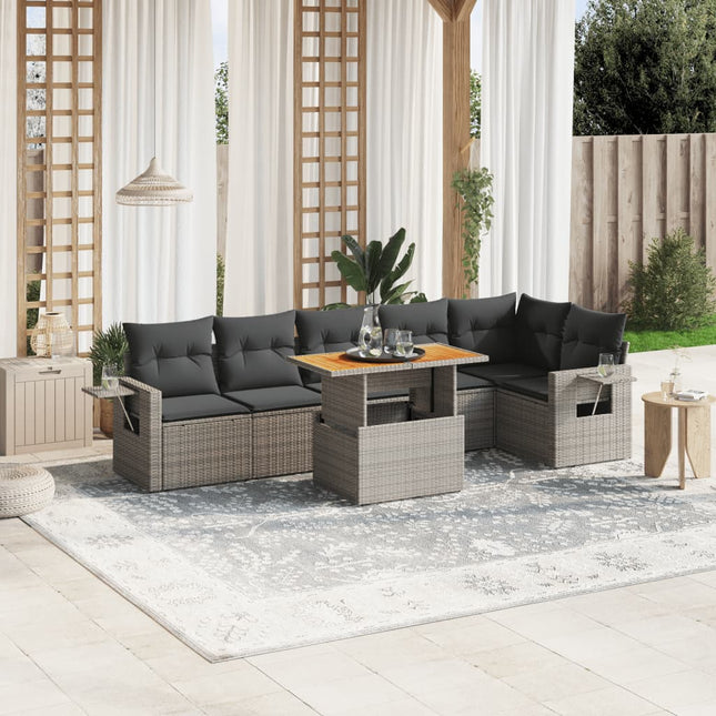 7-delige Loungeset met kussens poly rattan grijs