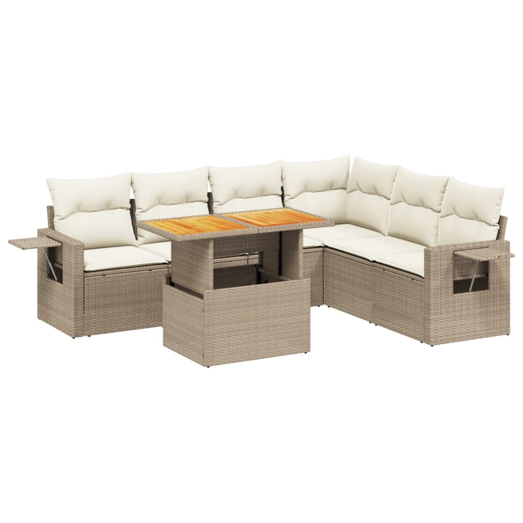 7-delige Loungeset met kussens poly rattan beige
