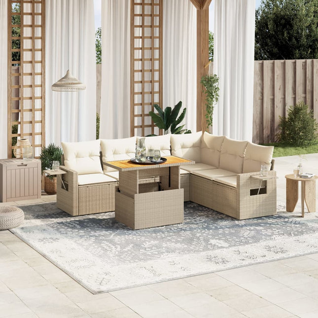 7-delige Loungeset met kussens poly rattan beige