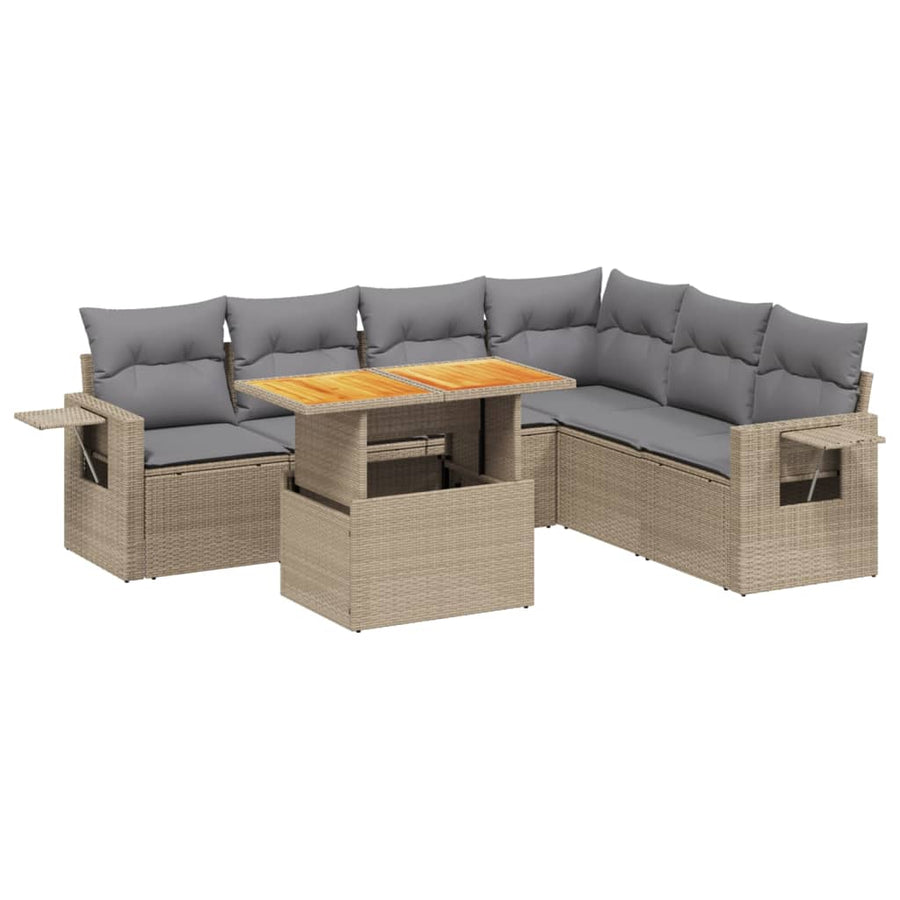 7-delige Loungeset met kussens poly rattan beige