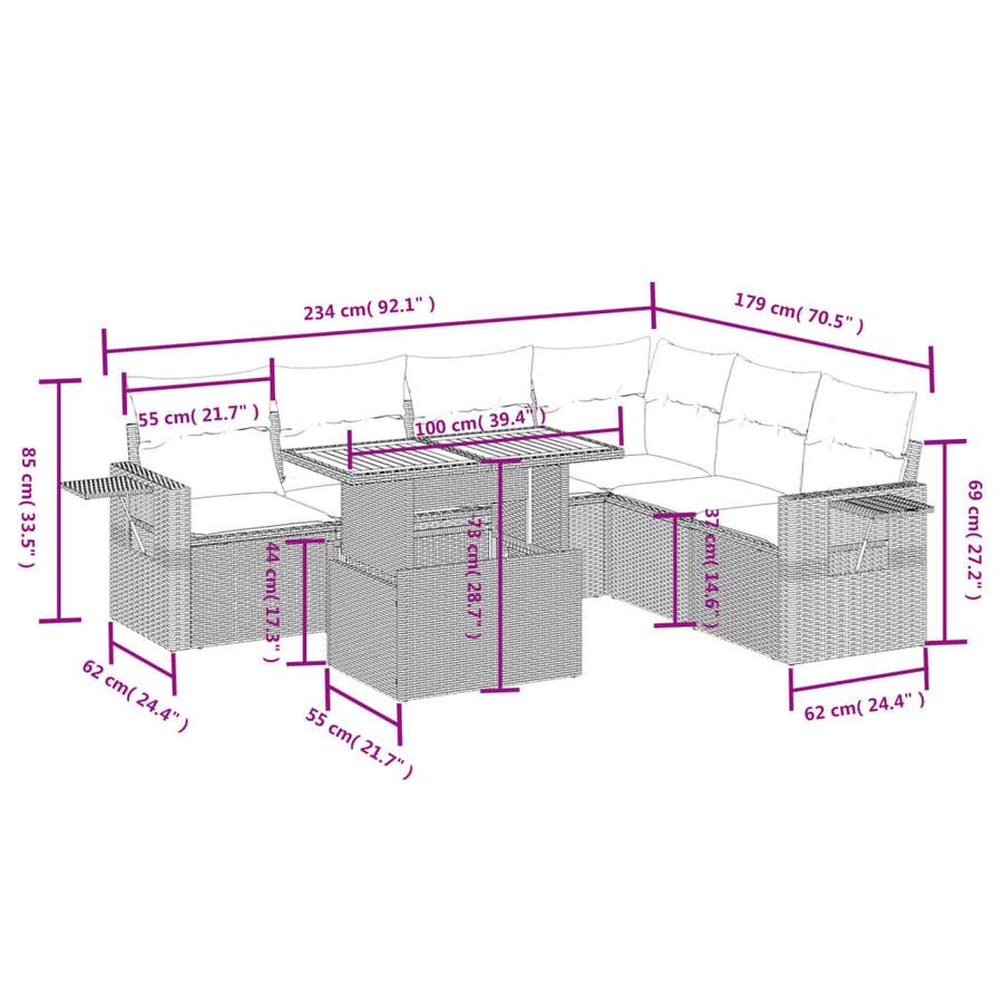 7-delige Loungeset met kussens poly rattan beige