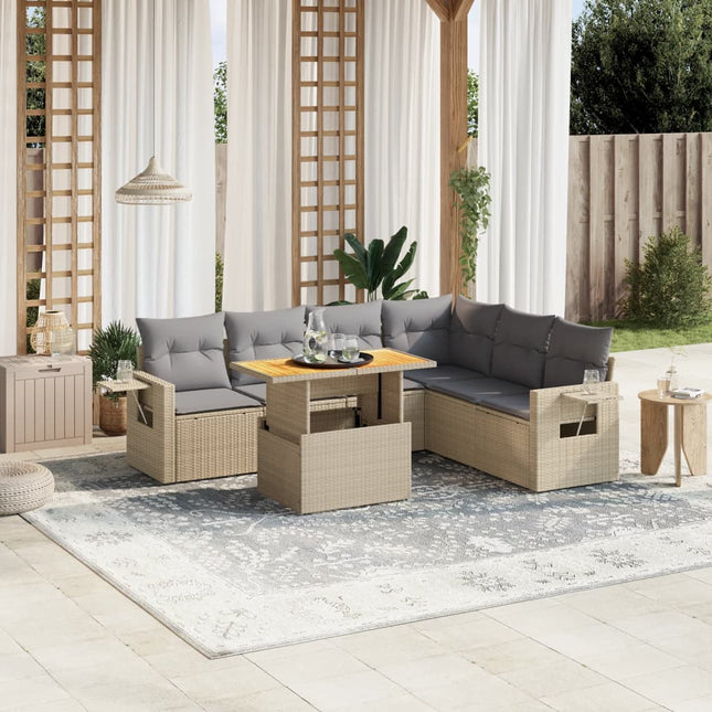 7-delige Loungeset met kussens poly rattan beige